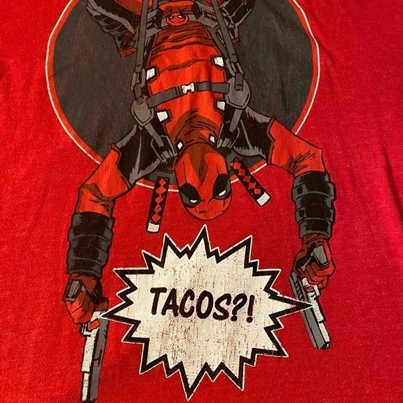 Men's Marvel Comics Deadpool Slinging Upside-Down Tacos Graphic Tee - Picture 3 of 6